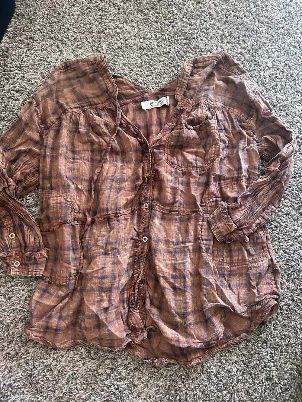 We The Free | Free People | women’s Brown Plaid  Button-Down distressed Top